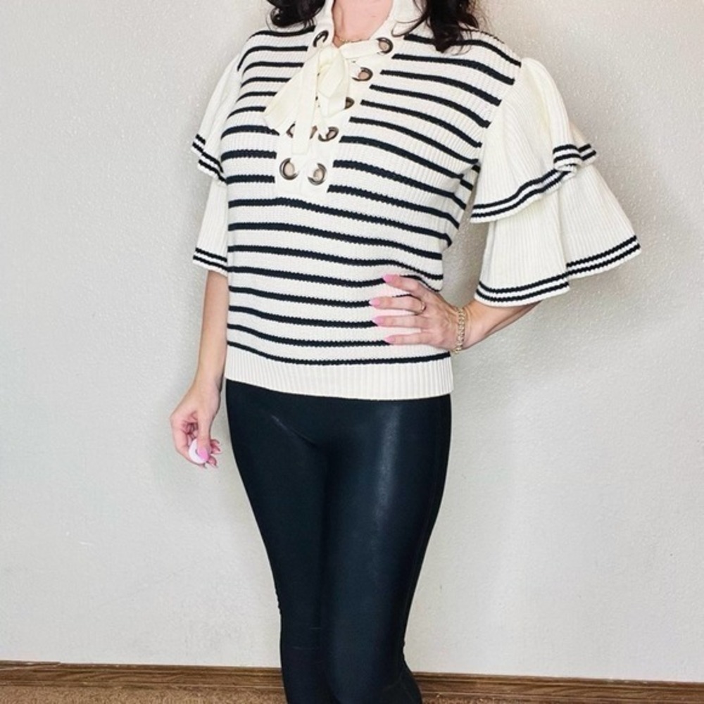 Self Portrait ruffle neutral striped knit lace up sweater top S